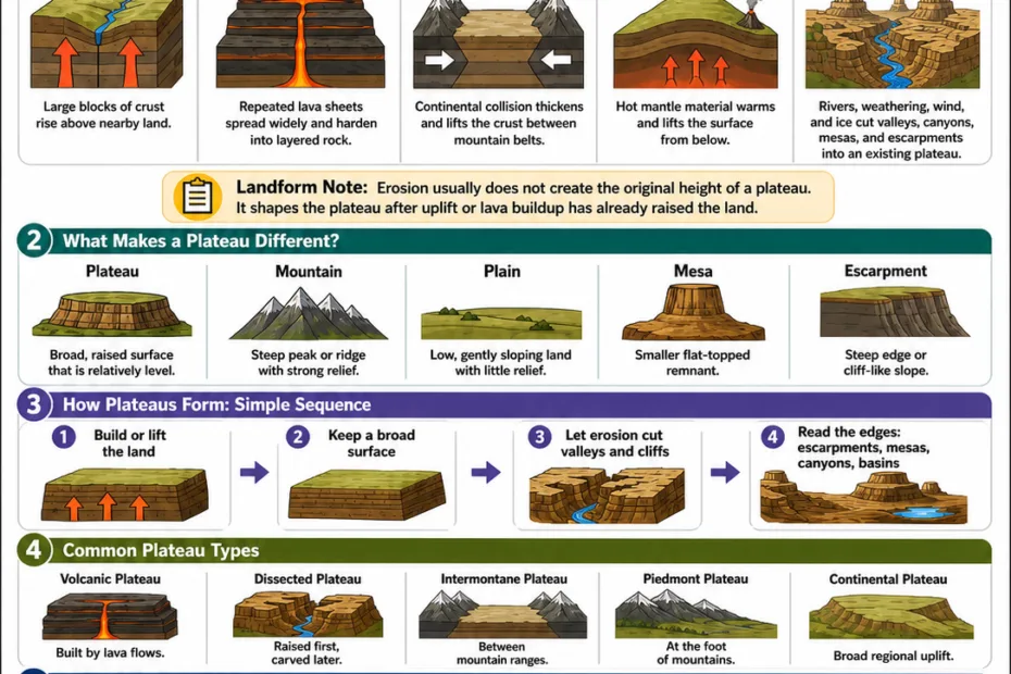 Various geological processes that explain how are plateaus formed, showcasing different types and formation mechanisms in a detailed illustration.