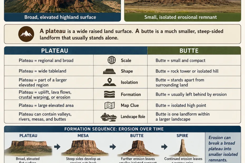 A comparison of plateau and butte landforms, showing their differences in height, shape, and formation process for understanding geological features.
