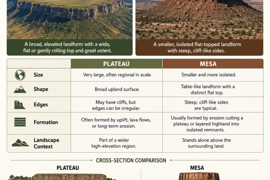 A comparison of plateau vs mesa formations showcasing their distinct flat tops and steep sides in landscapes for better understanding of geographical features.