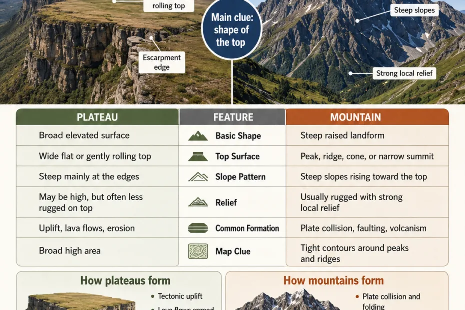 A clear comparison between plateaus and mountains, showing their features, formation, and differences to help understand these landforms better.