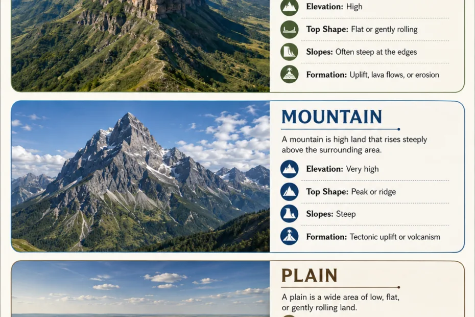 Different landforms like plateau, mountain, and plain are shown, illustrating their unique features and elevation levels for comparison.