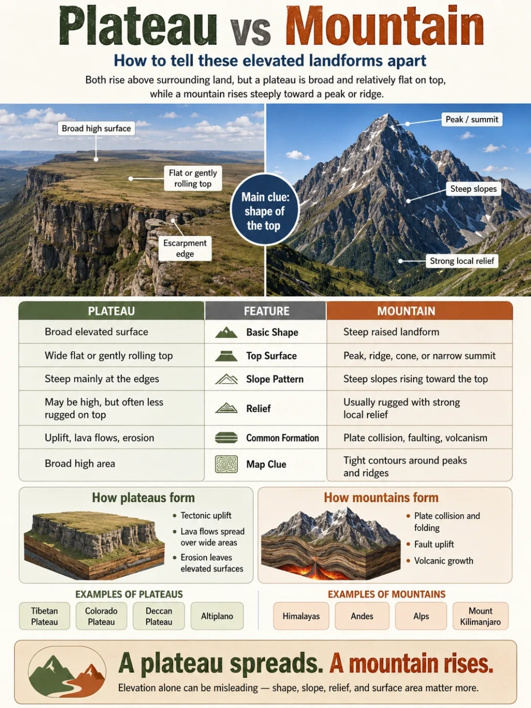 A clear comparison between plateaus and mountains, showing their features, formation, and differences to help understand these landforms better.
