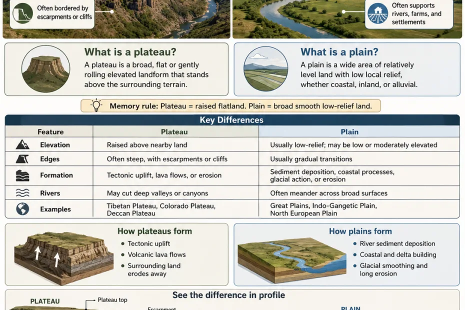 A comparison of plateau vs plain features, highlighting differences in landscape elevation, terrain, and typical locations for these landforms.
