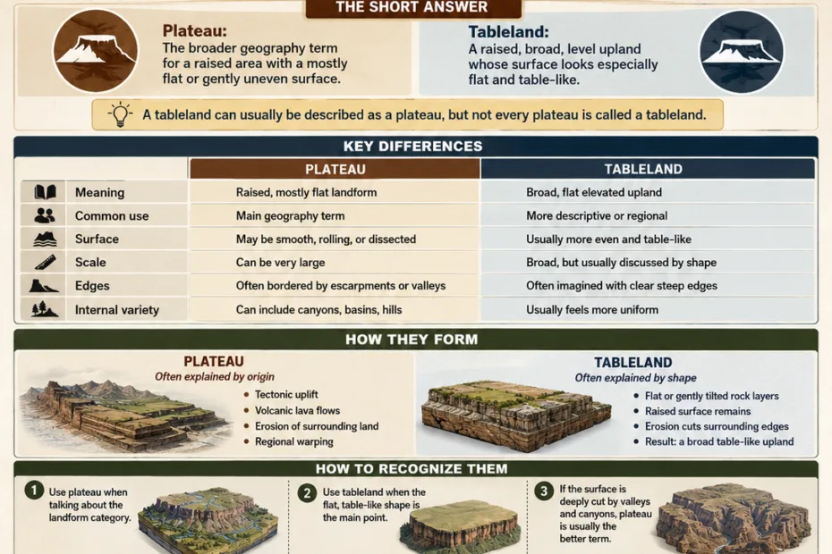 Plateau vs tableland: a clear comparison of flat-topped landforms and their geological features.
