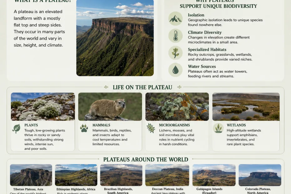 Plateaus and biodiversity showcase unique ecosystems thriving on high land with diverse plant and animal life.