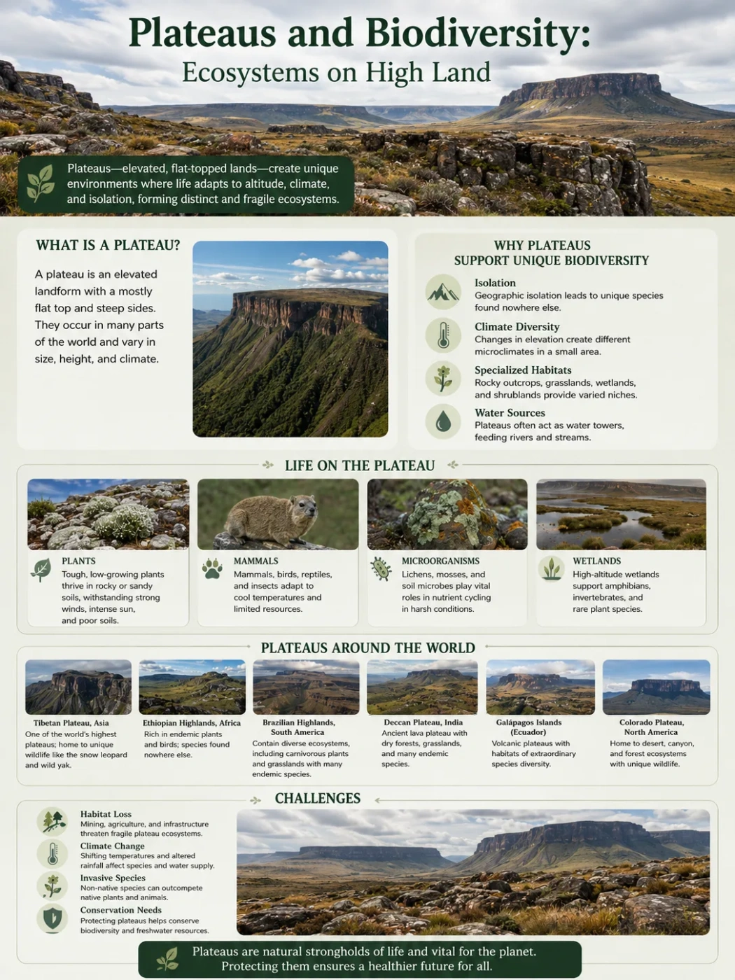 Plateaus and biodiversity showcase unique ecosystems thriving on high land with diverse plant and animal life.