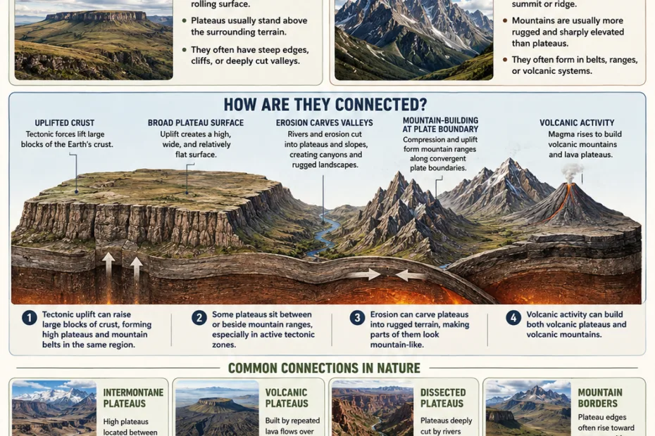 Plateaus and mountains are connected through geological processes shaping their formation and landscape features.