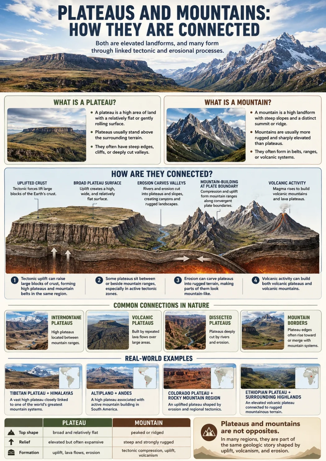 Plateaus and mountains are connected through geological processes shaping their formation and landscape features.
