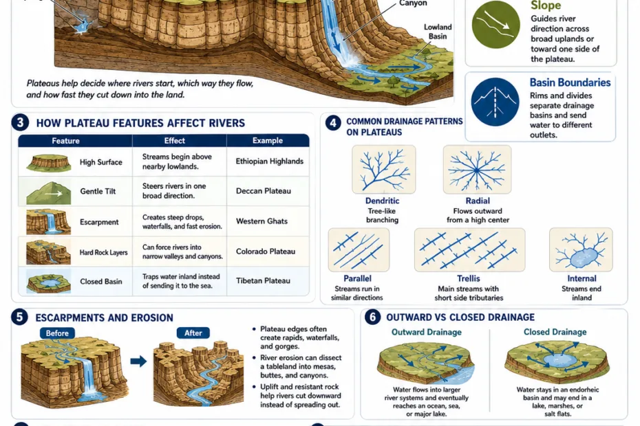 Plateaus and rivers interact, with high landforms influencing drainage patterns and shaping the landscape in various terrains.