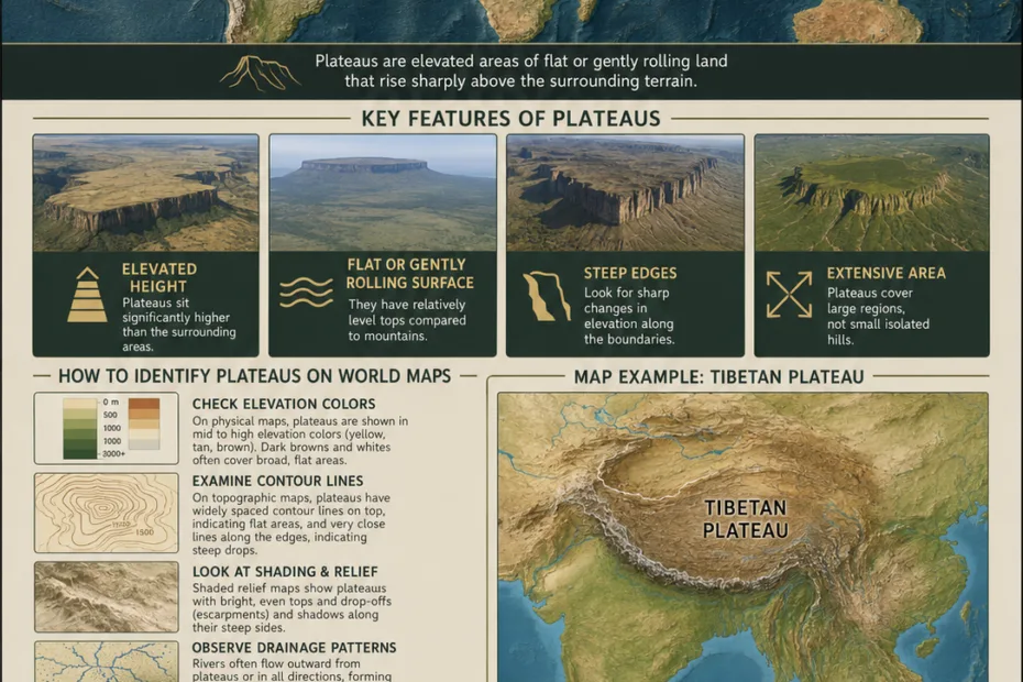 Visual guide to plateaus on world maps, showing their locations and features for easy identification and exploration of these elevated landforms.