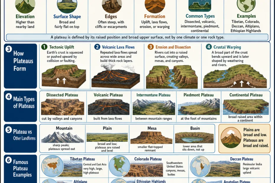A detailed diagram explaining what a plateau is, how it forms, and examples of plateaus around the world, illustrating the landforms associated with plateau formation.