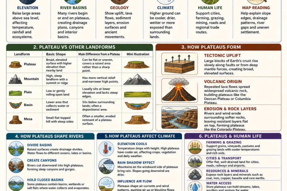 A detailed infographic explaining why are plateaus important in geography, showcasing various types, formation processes, and their significance in ecosystems and human activity.