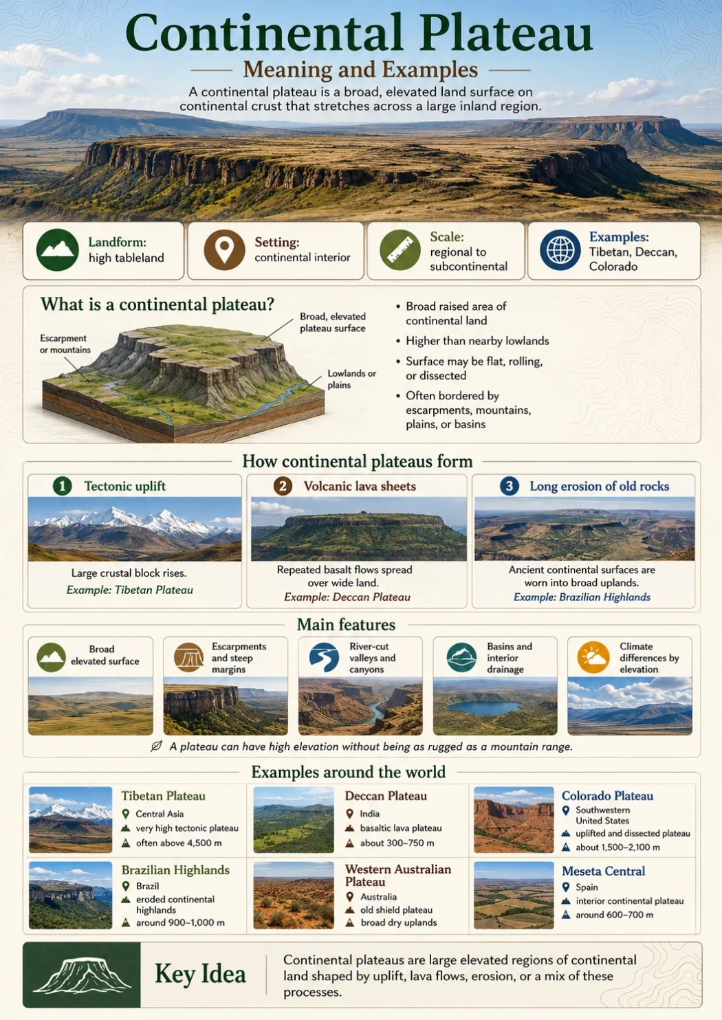 A detailed map and explanation of continental plateaus and their examples around the world, showcasing their geographical features and significance.