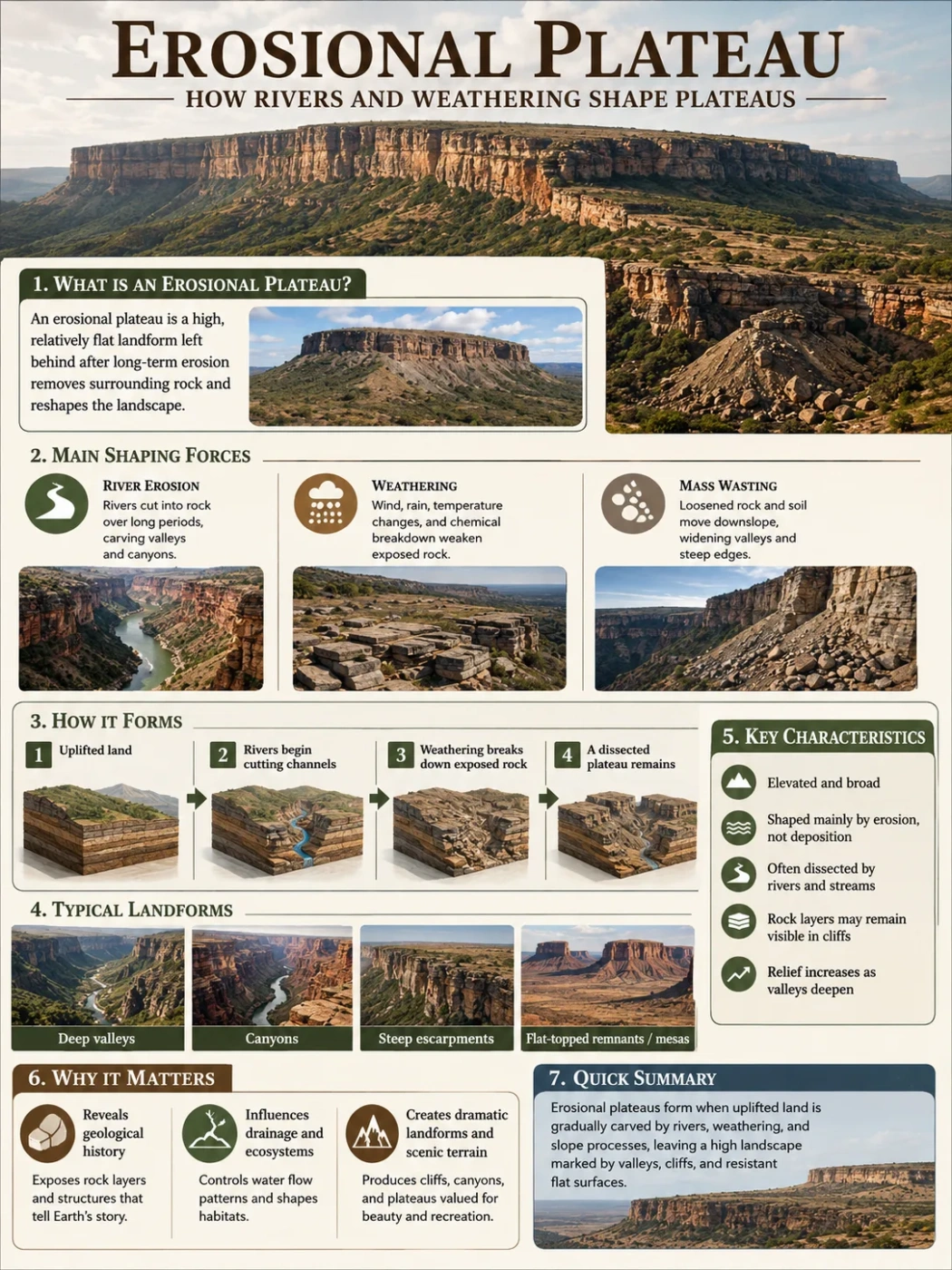 Erosional plateau formation shown through rivers and weathering shaping the landscape with layered rock formations and rugged terrain.