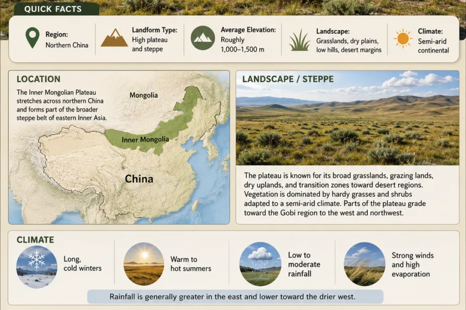 Inner Mongolian Plateau terrain features, climate, and location details highlighting the region's expansive steppe landscape.