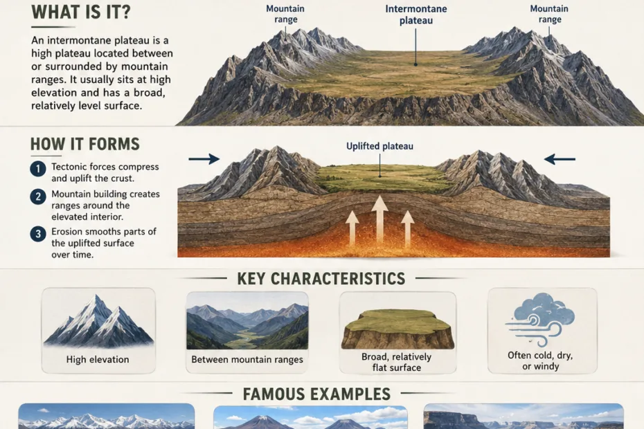 Intermontane plateau features stunning mountain landscapes with high-altitude plains between mountain ranges, showcasing unique geological formations and diverse ecosystems.