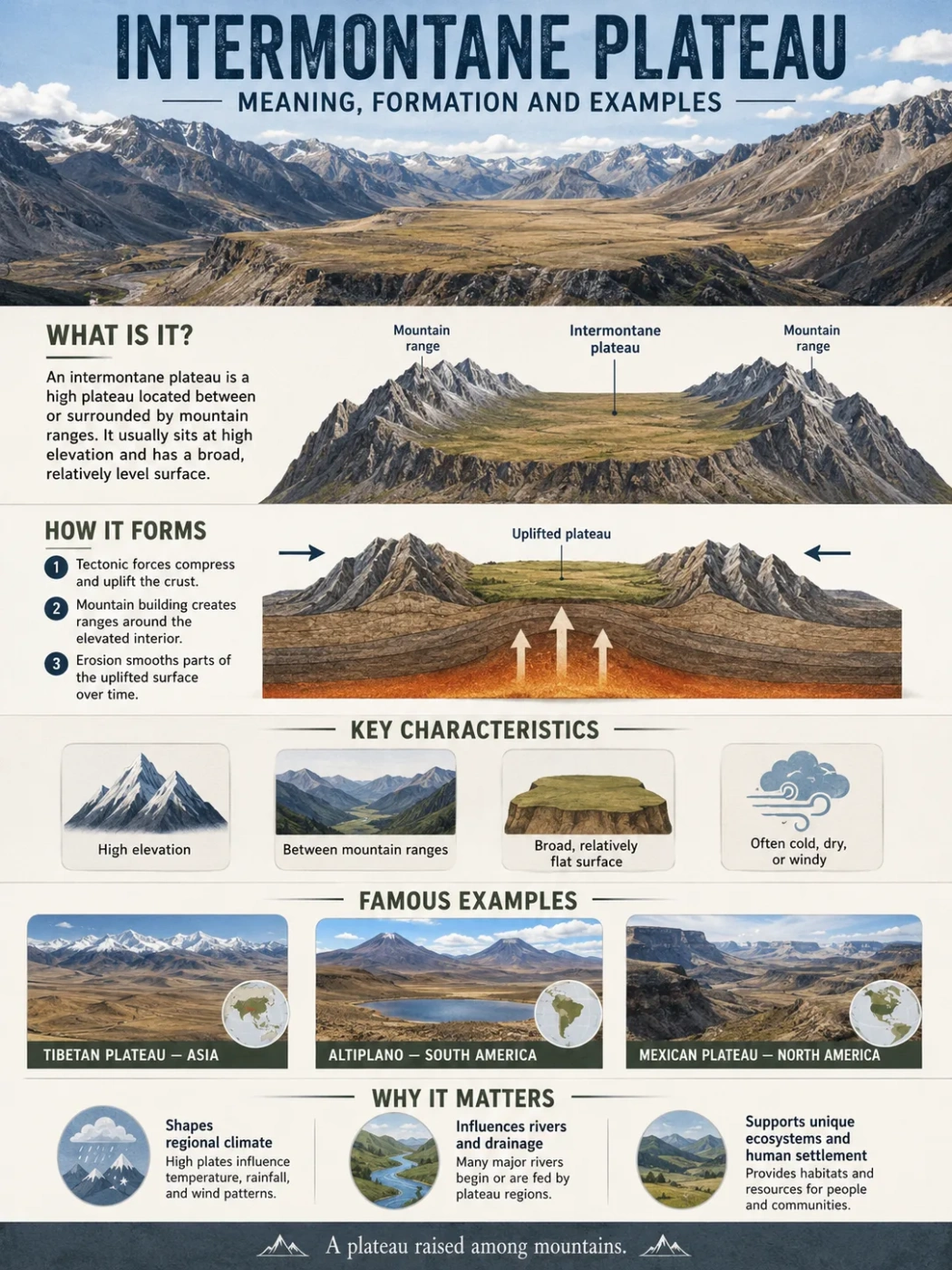 Intermontane plateau features stunning mountain landscapes with high-altitude plains between mountain ranges, showcasing unique geological formations and diverse ecosystems.