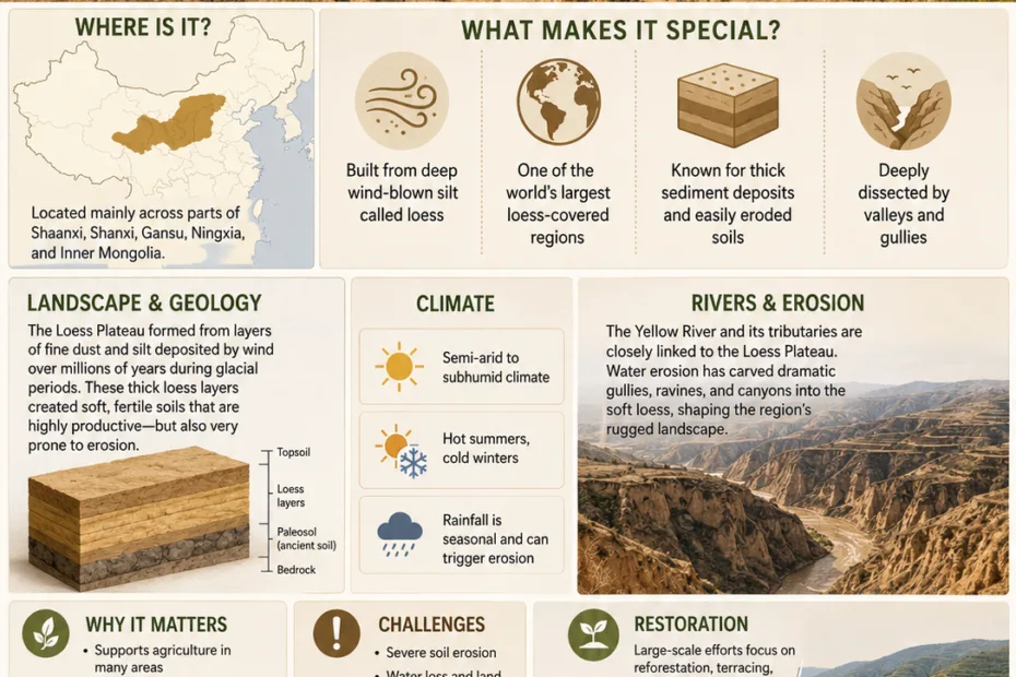 Loess Plateau in China showcases wind-blown soil and landforms, with detailed information on its landscape, agriculture, and environmental significance.