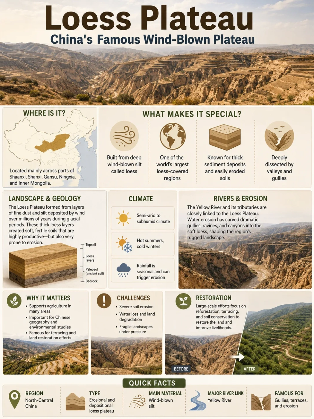 Loess Plateau in China showcases wind-blown soil and landforms, with detailed information on its landscape, agriculture, and environmental significance.