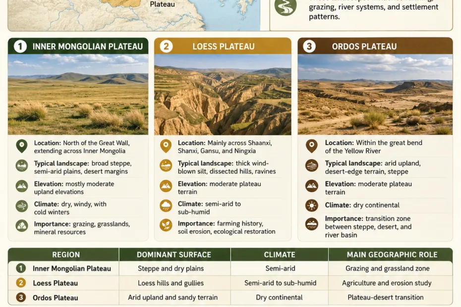 Northern China's plateaus feature vast, arid landscapes and unique geological formations perfect for nature exploration and outdoor adventures.