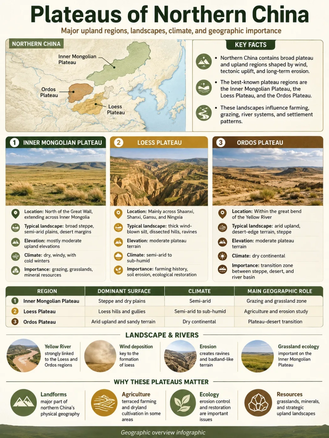 Northern China's plateaus feature vast, arid landscapes and unique geological formations perfect for nature exploration and outdoor adventures.
