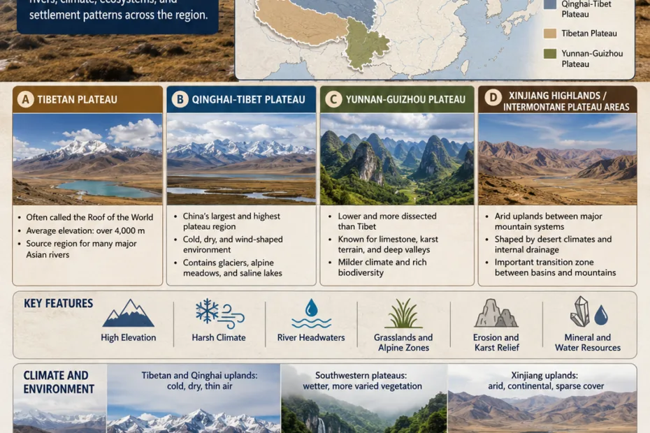 Western China plateaus showcase high-altitude landscapes with unique geological features and diverse ecosystems across the region.