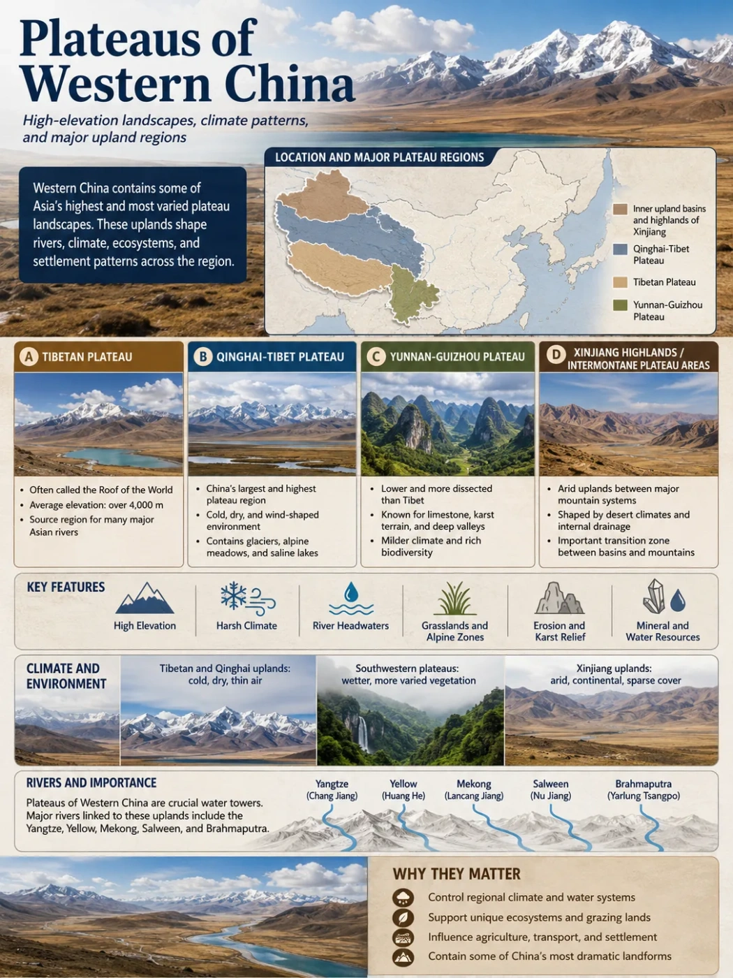 Western China plateaus showcase high-altitude landscapes with unique geological features and diverse ecosystems across the region.