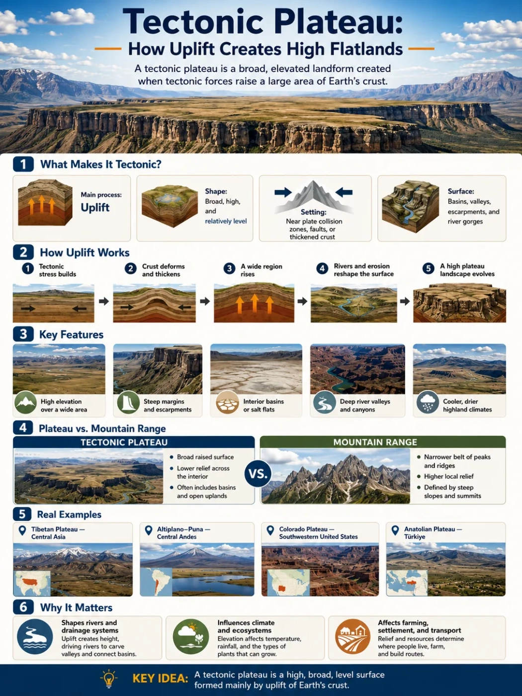 Tectonic plateau features high flatlands formed by uplift from tectonic forces, showcasing expansive elevated plains with geological significance and unique landscape formations.