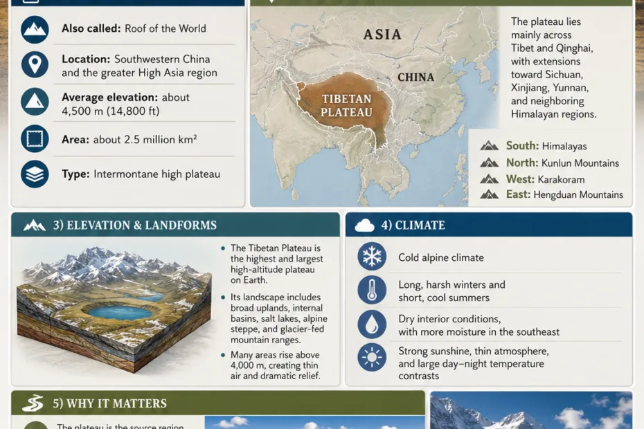 Tibetan Plateau displayed with its location, high elevation, and unique climate features, showcasing the vast and rugged geography of this high-altitude region.