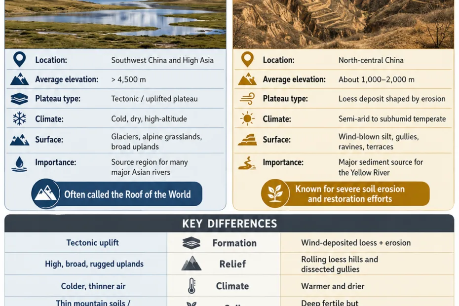 Tibetan Plateau vs Loess Plateau comparison showing geographic features, climate, soil types, and ecological differences between these two significant regions.
