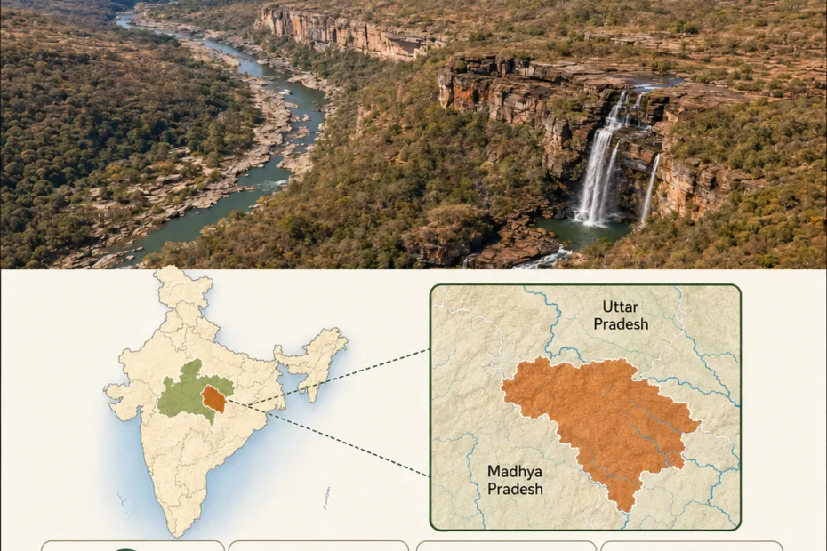 Baghelkhand plateau shown with its location in India, featuring rugged terrain, forests, and waterfalls amid the plateau's natural landscape.