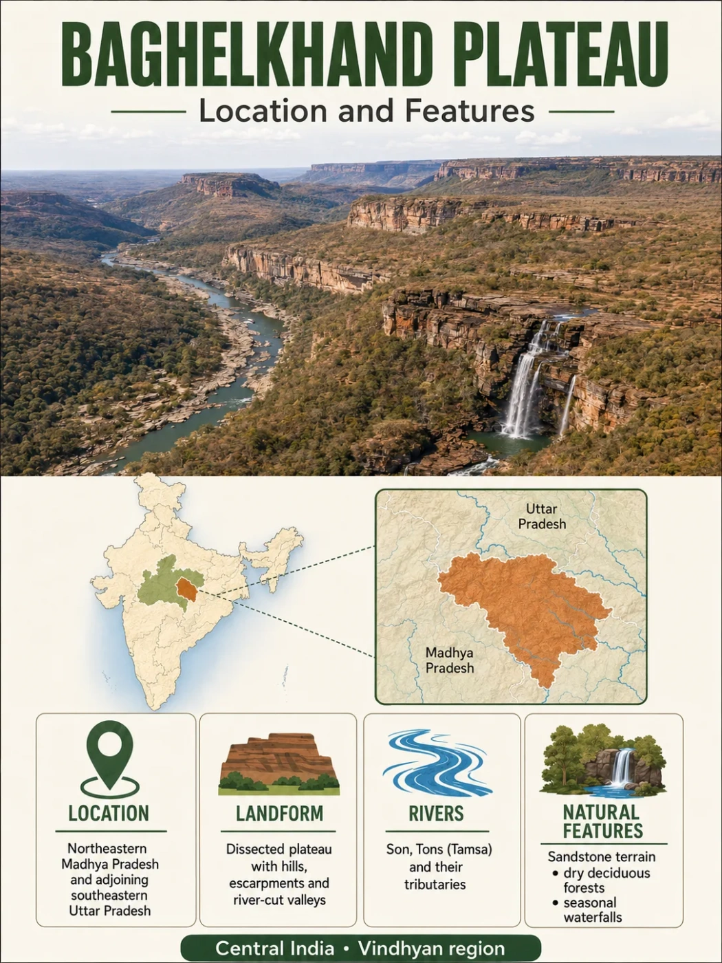 Baghelkhand plateau shown with its location in India, featuring rugged terrain, forests, and waterfalls amid the plateau's natural landscape.
