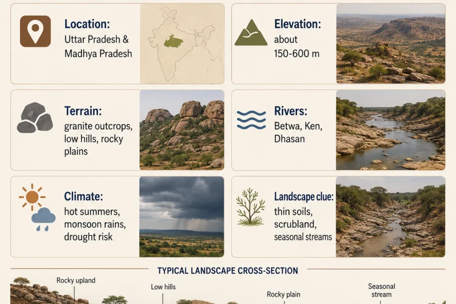 Bundelkhand Plateau features rugged terrain, hills, and dry river valleys shaping its unique landscape in central India.