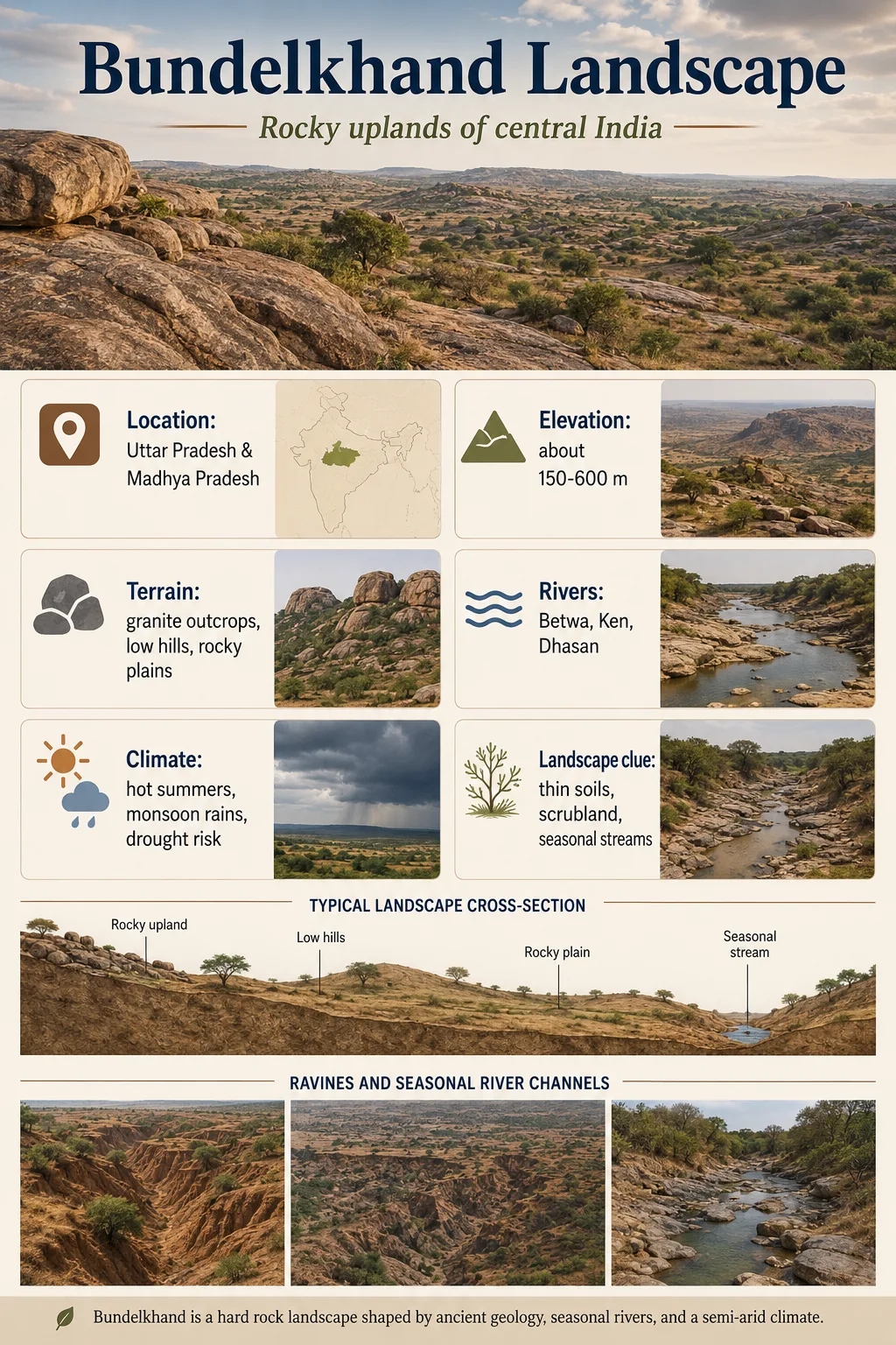 Bundelkhand Plateau features rugged terrain, hills, and dry river valleys shaping its unique landscape in central India.