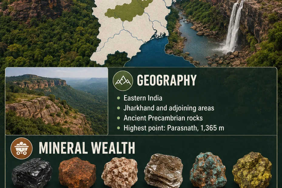 Chota Nagpur Plateau showcasing mineral deposits, major rivers, and diverse geography in this region.