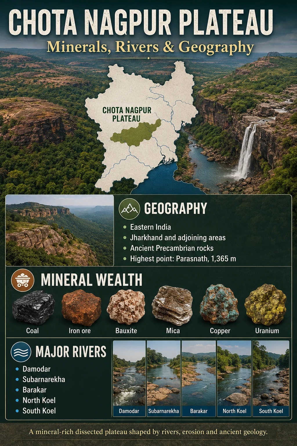 Chota Nagpur Plateau showcasing mineral deposits, major rivers, and diverse geography in this region.