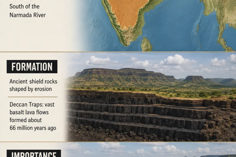 Deccan Plateau shows its rugged landscape, extensive elevation, and vital role in India's geography and agriculture.