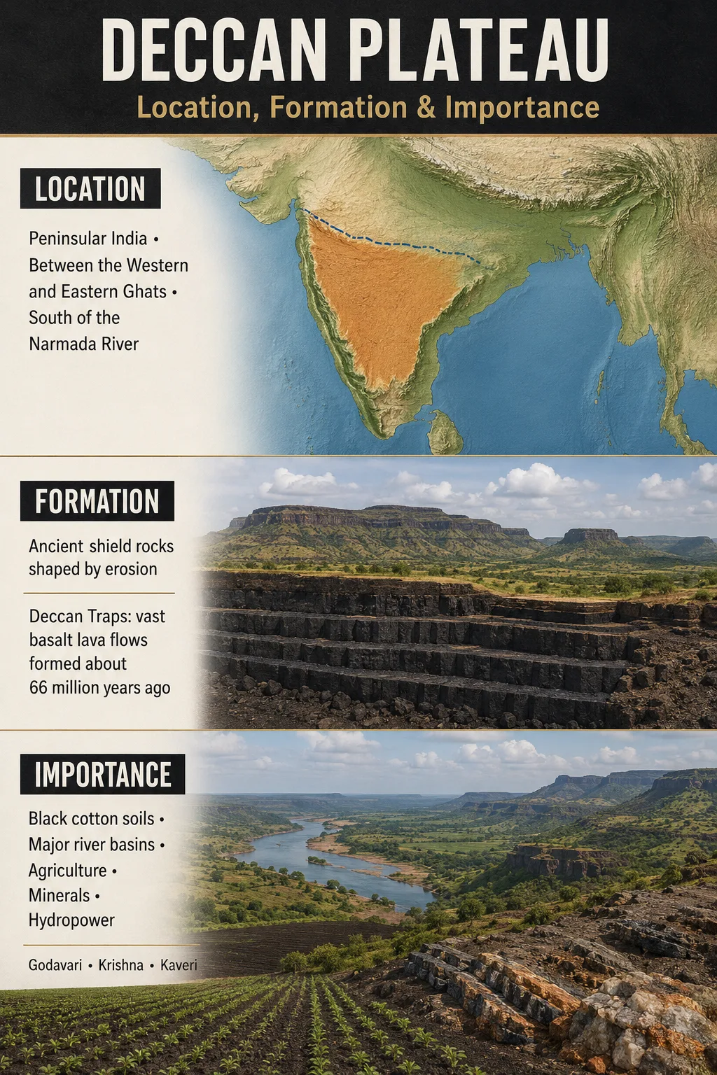 Deccan Plateau shows its rugged landscape, extensive elevation, and vital role in India's geography and agriculture.