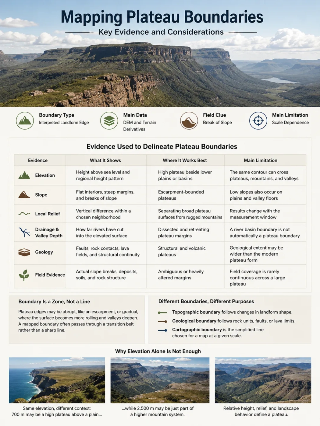 Geographers utilize elevation, natural features, and geological data to delineate plateau boundaries in this informative diagram.