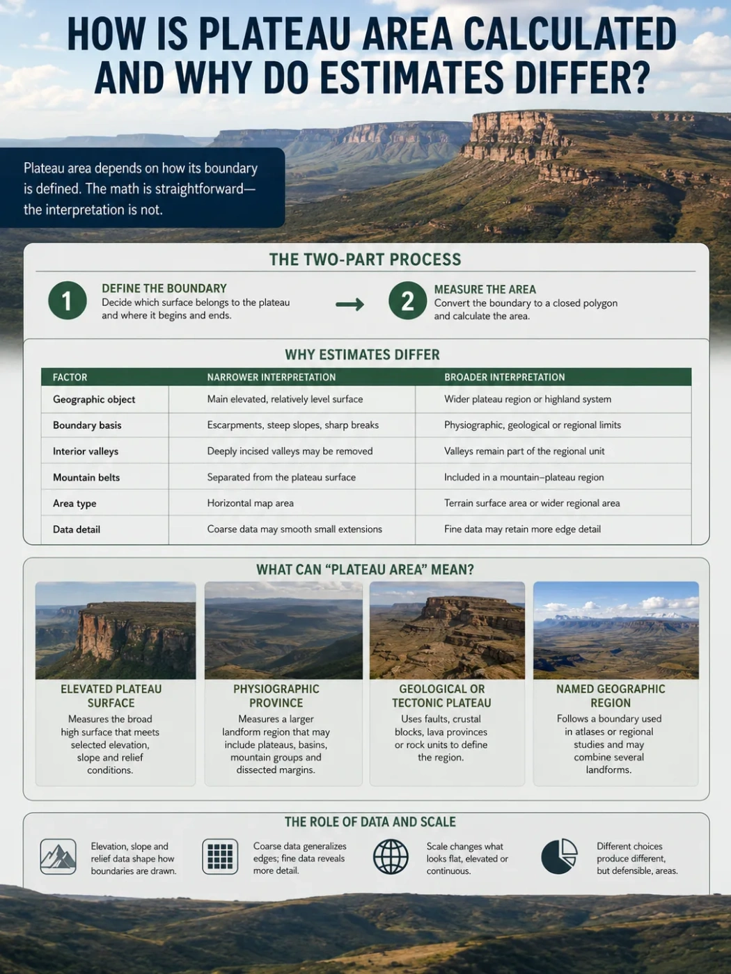 A detailed infographic explaining how plateau area is calculated and why different estimates can vary, featuring visuals of terrain and measurement methods.