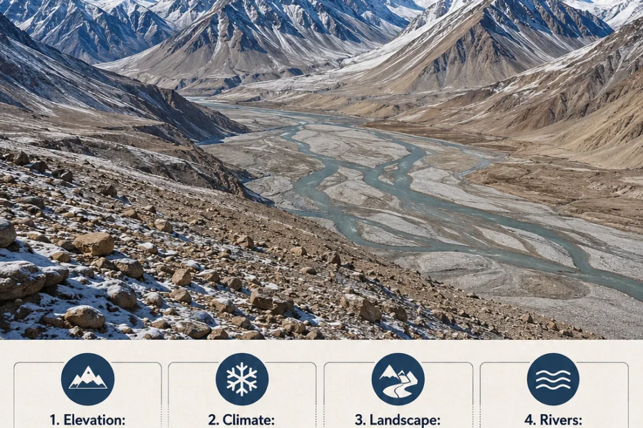 Ladakh plateau features rugged high-altitude terrain with snow-capped mountains and deep valleys, showcasing the stunning natural beauty of this remote region.