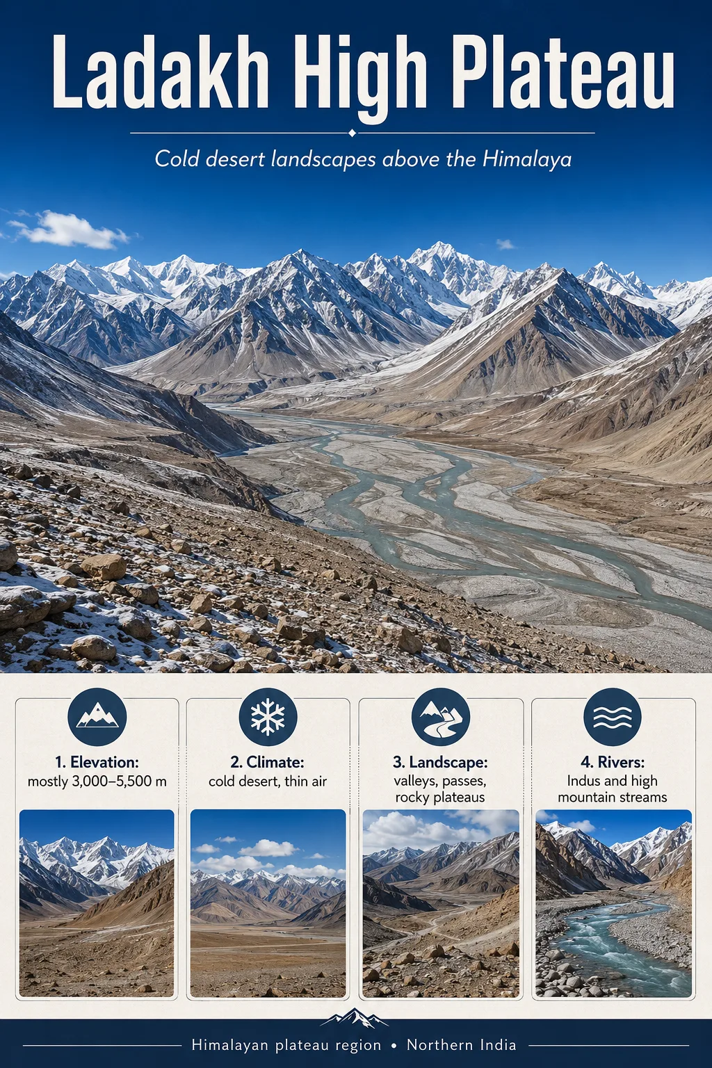 Ladakh plateau features rugged high-altitude terrain with snow-capped mountains and deep valleys, showcasing the stunning natural beauty of this remote region.