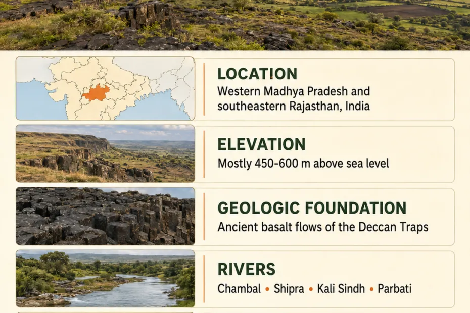 Malwa Plateau shows the central India's upland region with elevation, rivers, and diverse land use in the Malwa Plateau area.