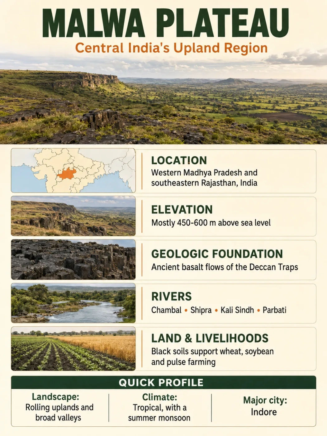 Malwa Plateau shows the central India's upland region with elevation, rivers, and diverse land use in the Malwa Plateau area.