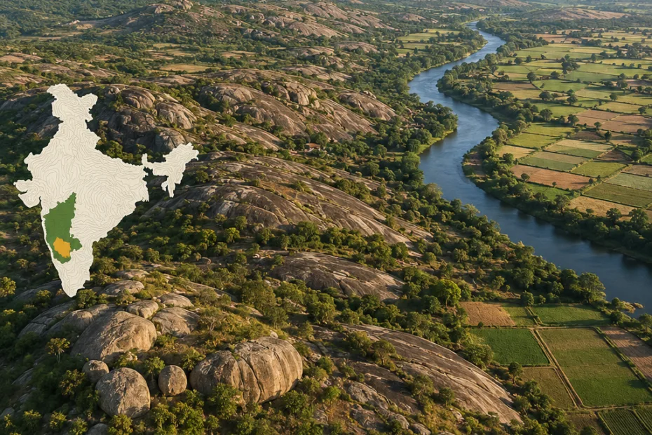 Mysore Plateau in Southern India features lush greenery, gentle hills, and a winding river across the upland landscape.