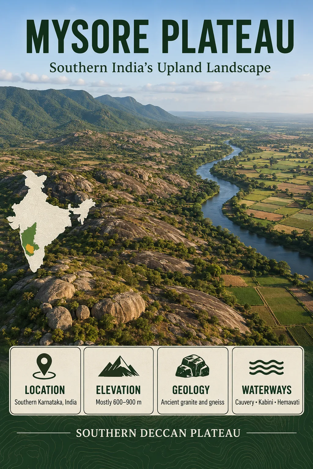 Mysore Plateau in Southern India features lush greenery, gentle hills, and a winding river across the upland landscape.