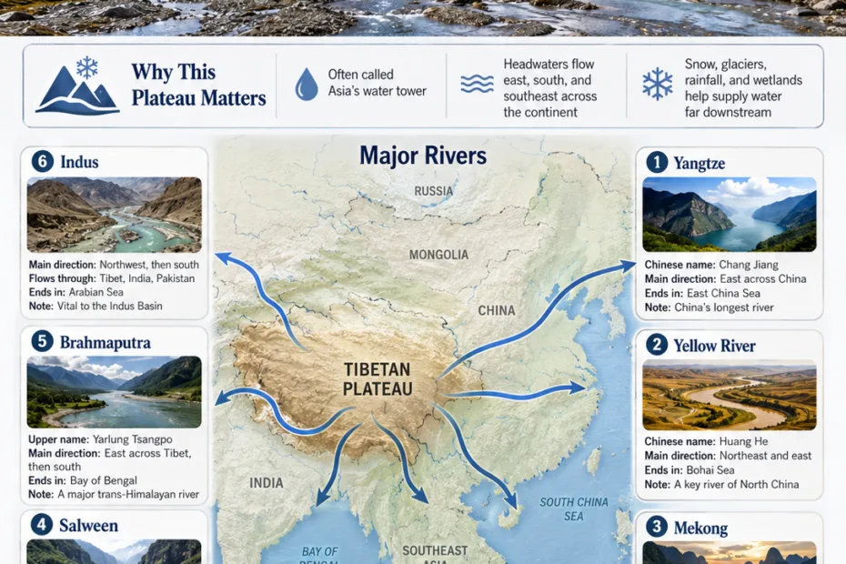Map showing major rivers starting from the Tibetan Plateau and their flow through Asia.