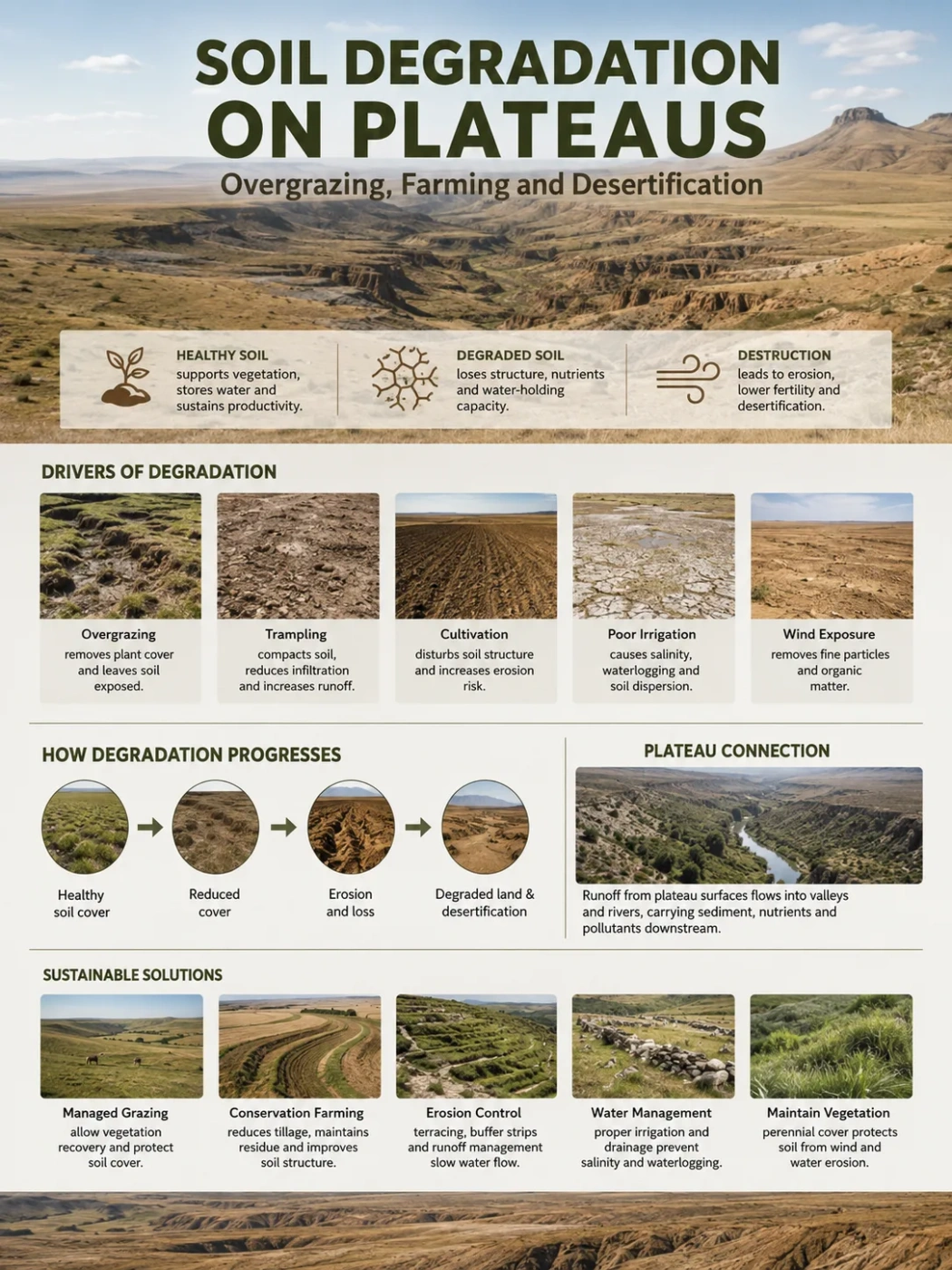 Soil degradation on plateaus caused by overgrazing, farming, and desertification, leading to loss of soil fertility and land productivity.