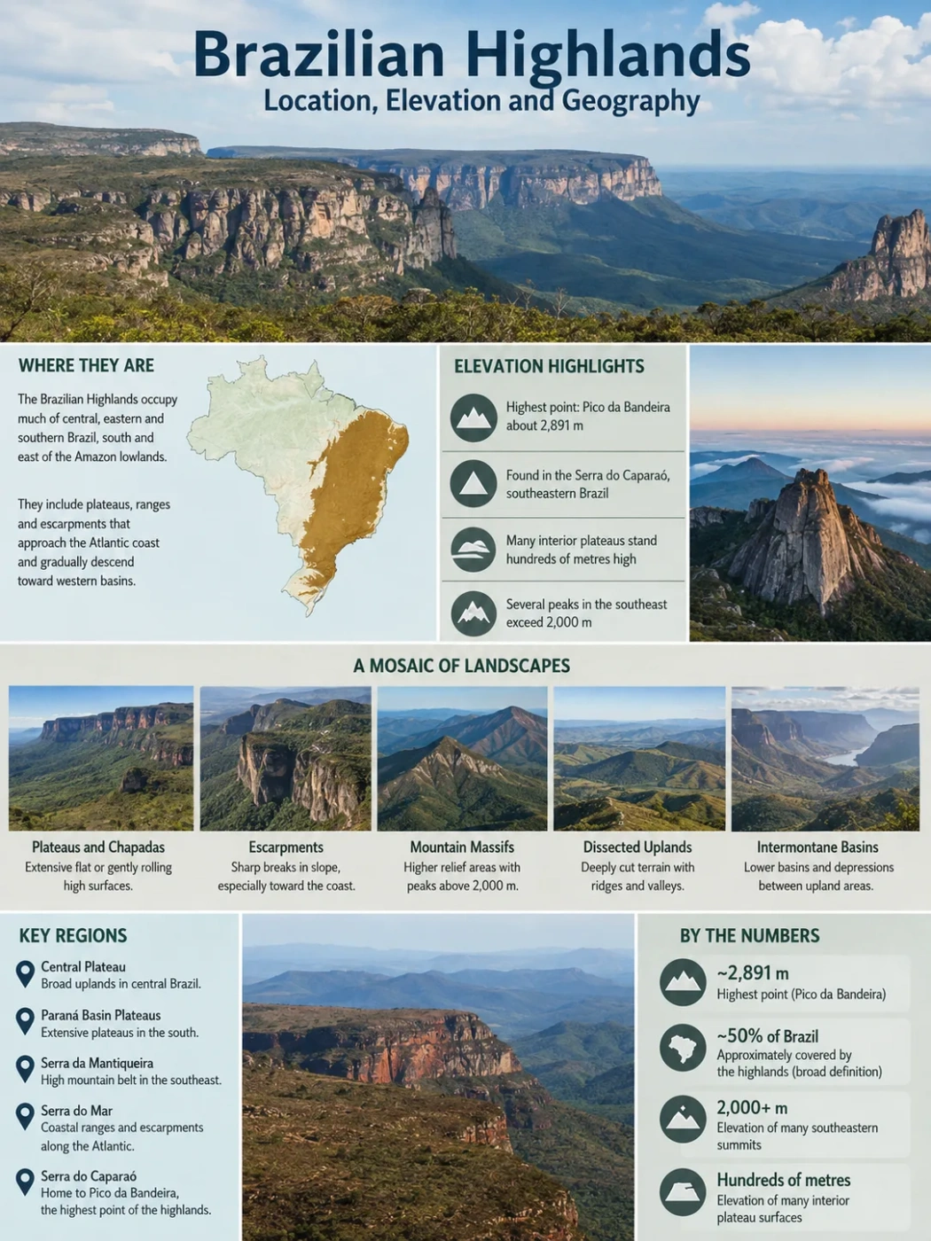 Brazilian Highlands showcase distinct elevation, diverse geography, and scenic landscapes across Brazil's elevated regions.