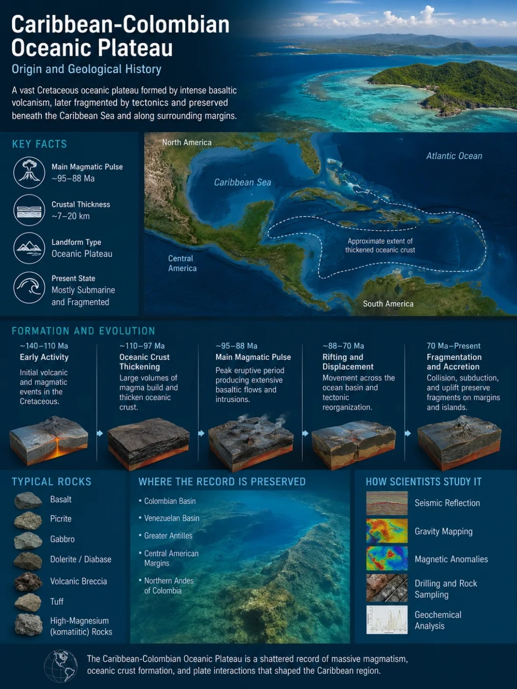 Caribbean-Colombian Oceanic Plateau map showing geological features and formation history of the Caribbean Colombian oceanic region.